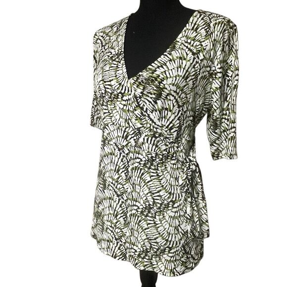 Merona Green Black and White Print Faux Wrap Top - Picture 1 of 6